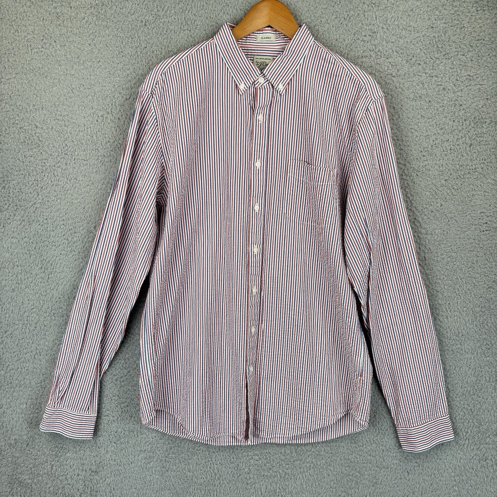 J Crew Shirt Mens LT Red White Blue Seersucker Striped Classic Fit Button Down - Picture 3 of 6